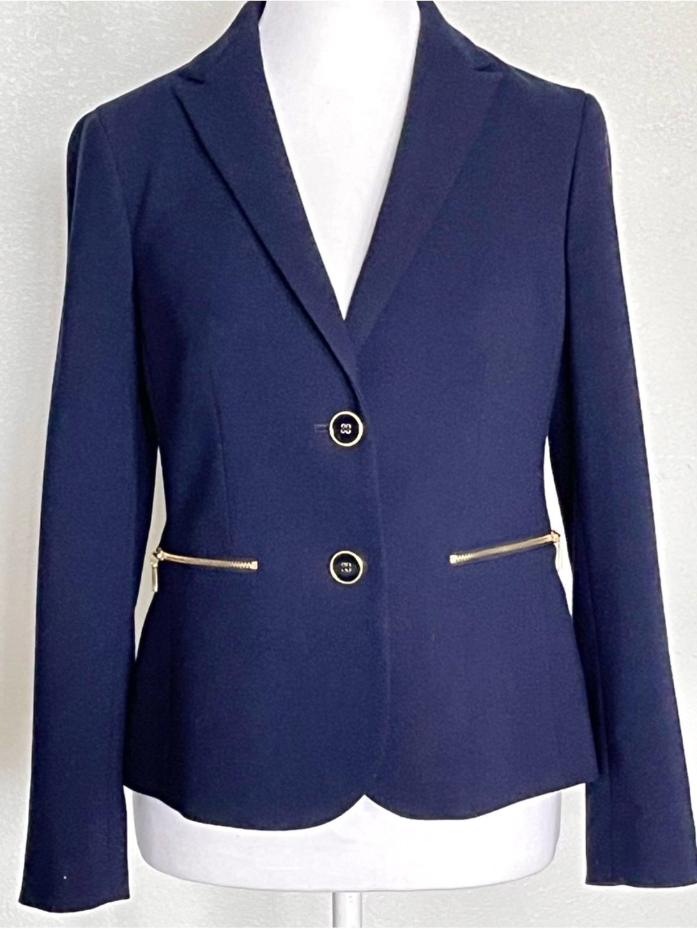 Talbots Navy Blue Tailored Blazer Gold Zipper Pocket Jacket Office Chic 0P